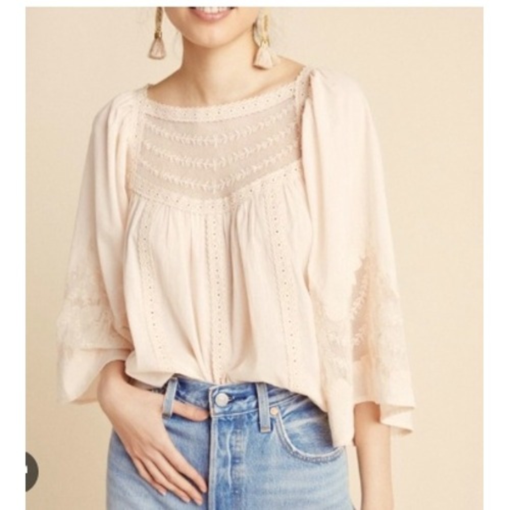 Anthropologie Valentia Cream Pink Peasant Embroidered Wide Sleeve Women 12